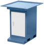 Base Bernardo BF 5 in acciaio verniciato RAL 5014 blu colomba, con vano portaoggetti, sportello con chiusura e vasca raccoglitruccioli integrata.
