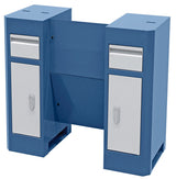 Base Bernardo Deluxe in acciaio blu colomba RAL 5014, con cassetti e vano portaoggetti, compatibile con torni Profi 450 S e Profi 450 Vario.