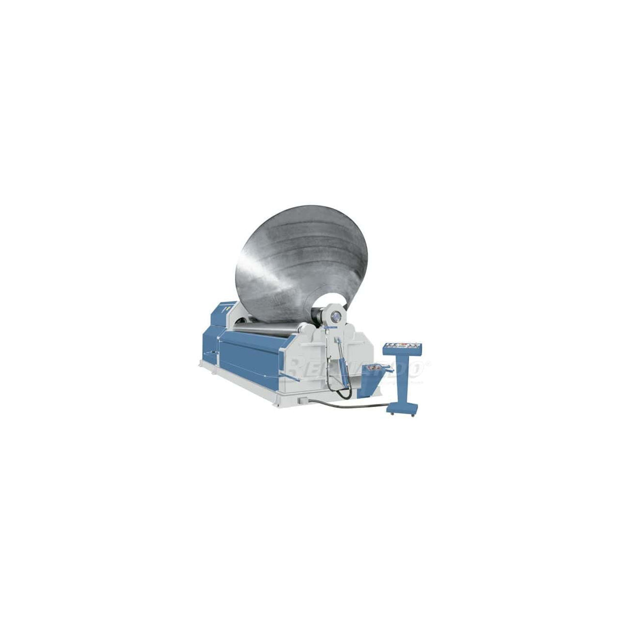Calandra idraulica Bernardo AHS 4100 – 16,0 a 4 rulli, capacità 20 mm x 4100 mm, con motore da 15 kW e peso di 26 tonnellate.