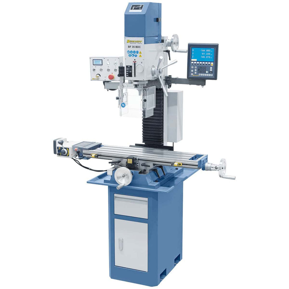 Trapano-fresatrice Bernardo BF 35 BDC con motore DC, testa inclinabile ±90°, avanzamento automatico asse X e visualizzatore digitale a 3 assi per lavorazioni precise.