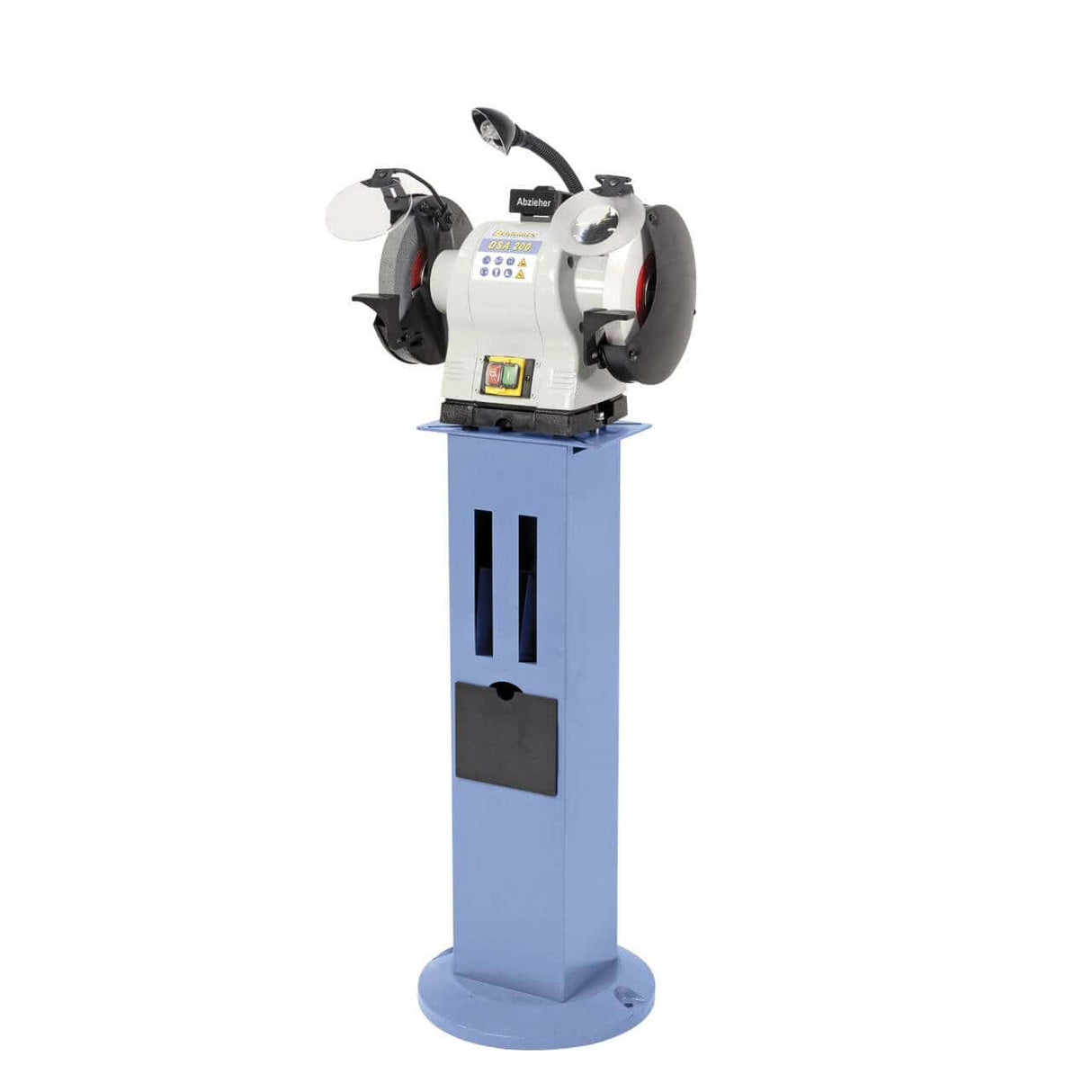 Smerigliatrice doppia Bernardo DSA 200 con due mole Ø200 mm, luce LED e serbatoio di raffreddamento per uso professionale.
