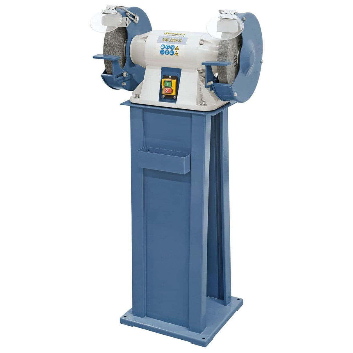 Smerigliatrice doppia Bernardo DS 250 S con due mole Ø250 mm K36/K80, supporti pezzo regolabili e protezioni scintille.