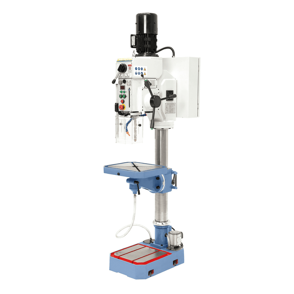 Trapano a colonna Bernardo GB 30 Vario con avanzamento elettromagnetico, display digitale dei giri, impianto di refrigerazione e tavola 420×350 mm.