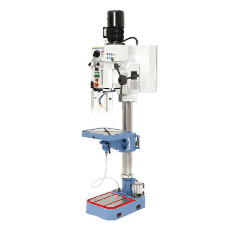 Trapano a colonna Bernardo GB 30 Vario con avanzamento elettromagnetico, display digitale dei giri, impianto di refrigerazione e tavola 420×350 mm.
