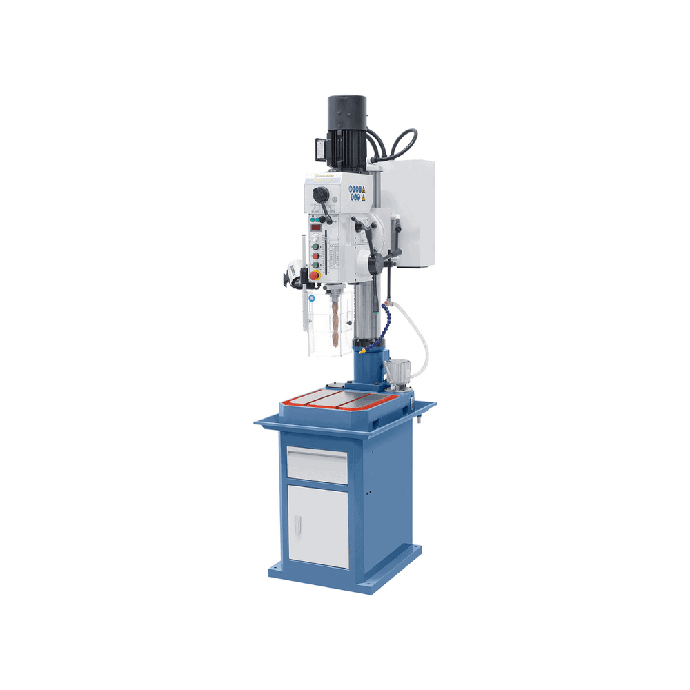 Trapano a colonna Bernardo GB 35 TV Vario con testa inclinabile, velocità variabile, avanzamenti automatici, dispositivo di filettatura e base con pompa di refrigerazione integrata.