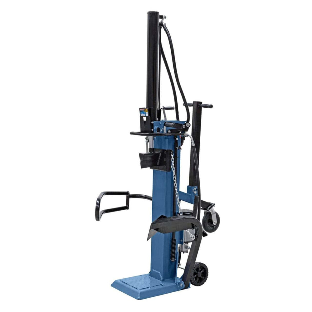 Spaccalegna Bernardo HS 14 E, verticale ed elettrico, con forza di spaccatura da 14 tonnellate, motore trifase 3,5 kW, corsa pistone 850 mm, sollevatore tronchi e carrello con ruote.