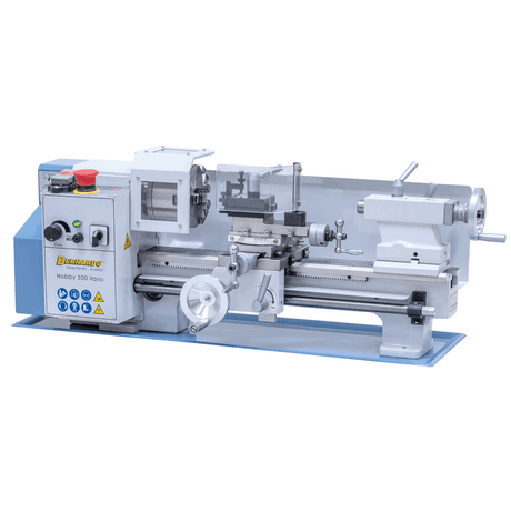 Tornio Bernardo Hobby 300 Vario con regolazione elettronica della velocità, struttura compatta e mandrino a 3 griffe, perfetto per modellisti e hobbisti evoluti.