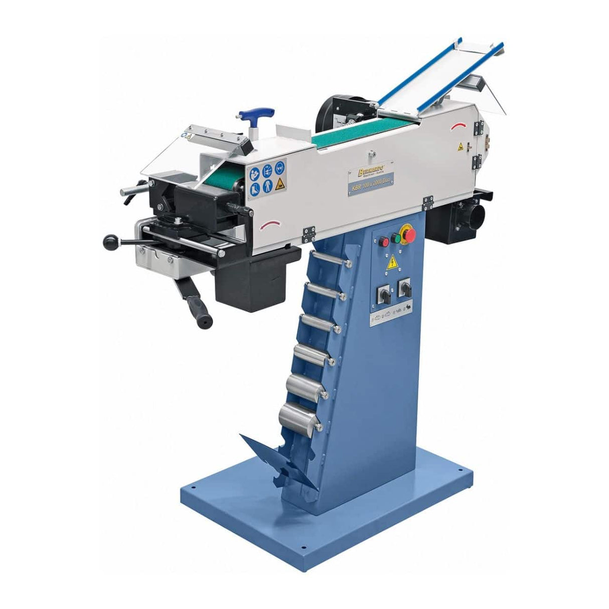 Levigatrice a nastro Bernardo KBR 100 x 2000 Duo con dispositivo per tubi Ø 20–76 mm, regolazione angolo 30°–90° e motore 3,3 kW.