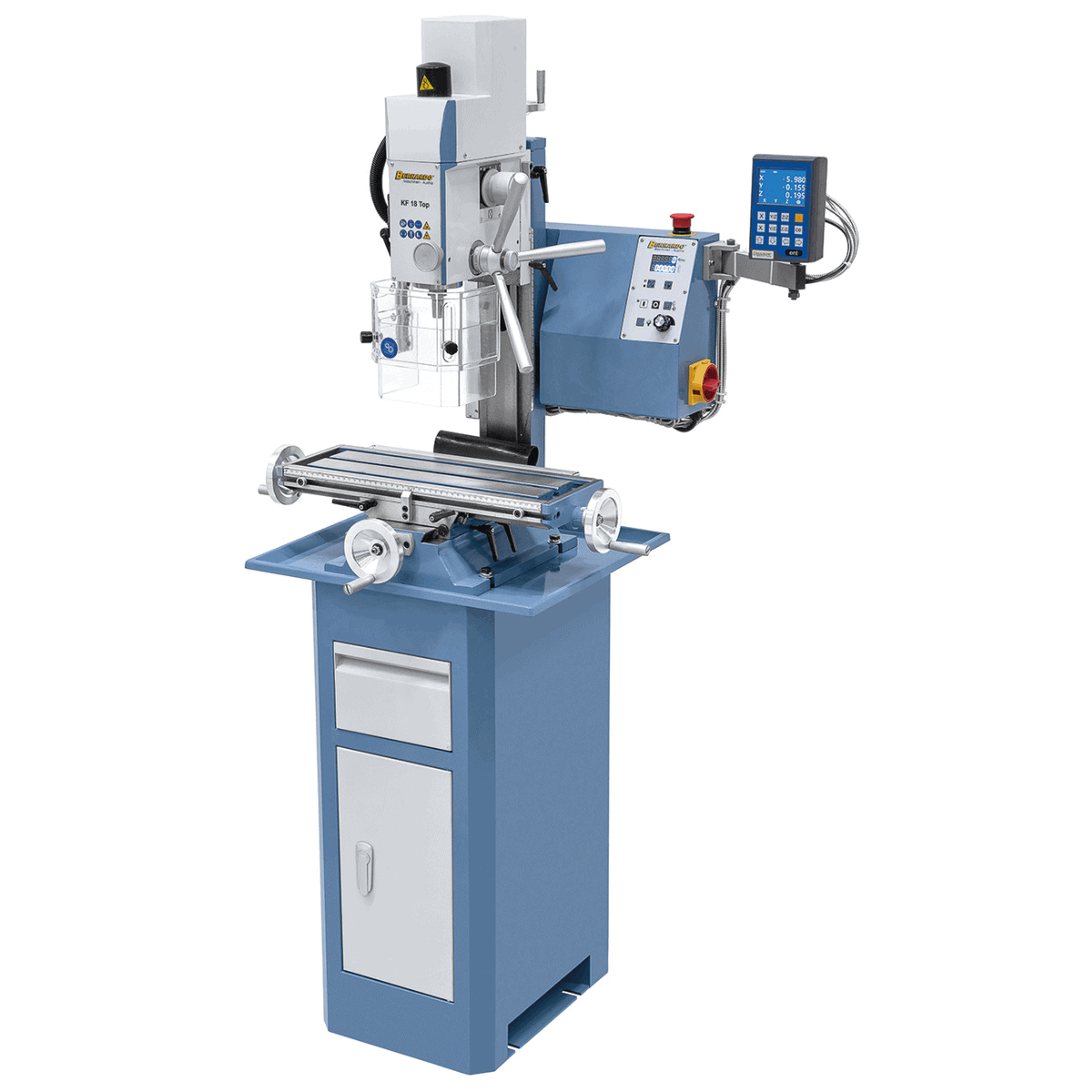 Trapano-fresatrice Bernardo KF 18 Top con tavola 500 x 180 mm, testa inclinabile ±90°, velocità variabile fino a 3000 rpm e visualizzatore digitale a 3 assi DT 40.
