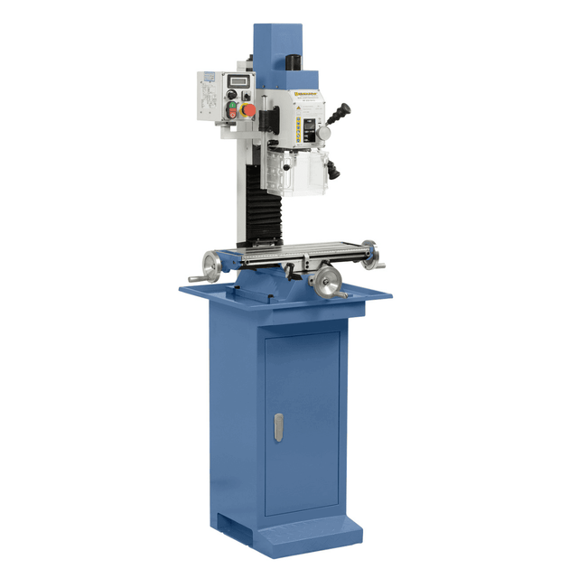 Trapano-fresatrice Bernardo KF 25 D Vario con tavola a croce 500 x 180 mm, testa inclinabile ±90°, velocità regolabile continua e display digitale integrato.