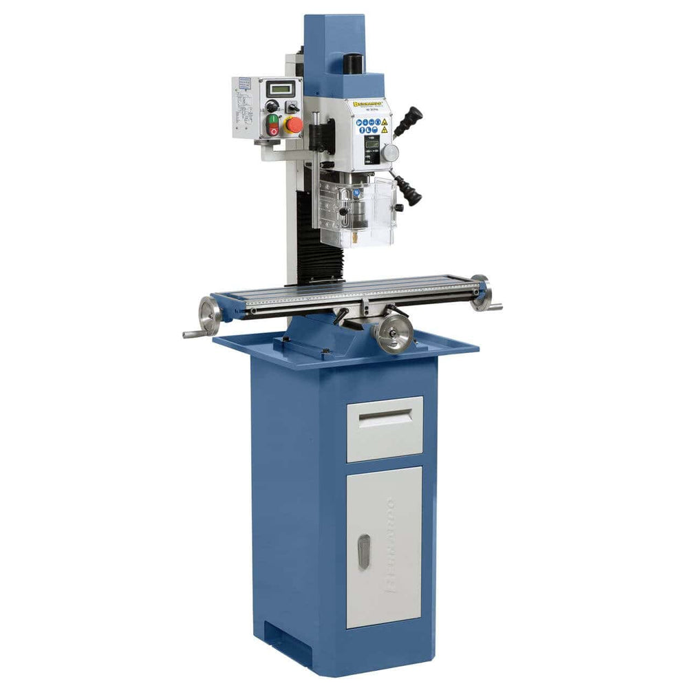 Trapano-fresatrice Bernardo KF 25 PRO con tavola a croce 700 x 180 mm, testa inclinabile ±90°, velocità variabile continua e display digitale integrato.