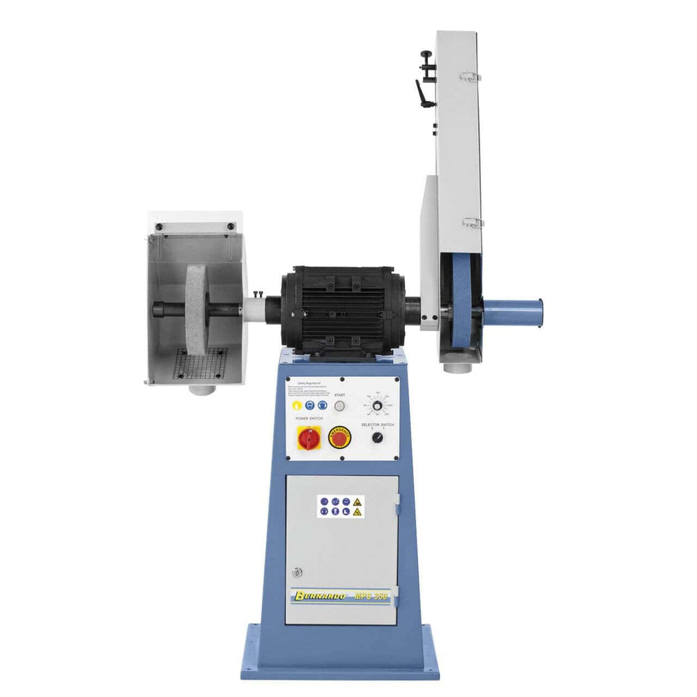 Smerigliatrice lucidatrice Bernardo MPS 350 con disco lucidante Ø 250 mm, nastro abrasivo 2000 x 50 mm e velocità variabile.