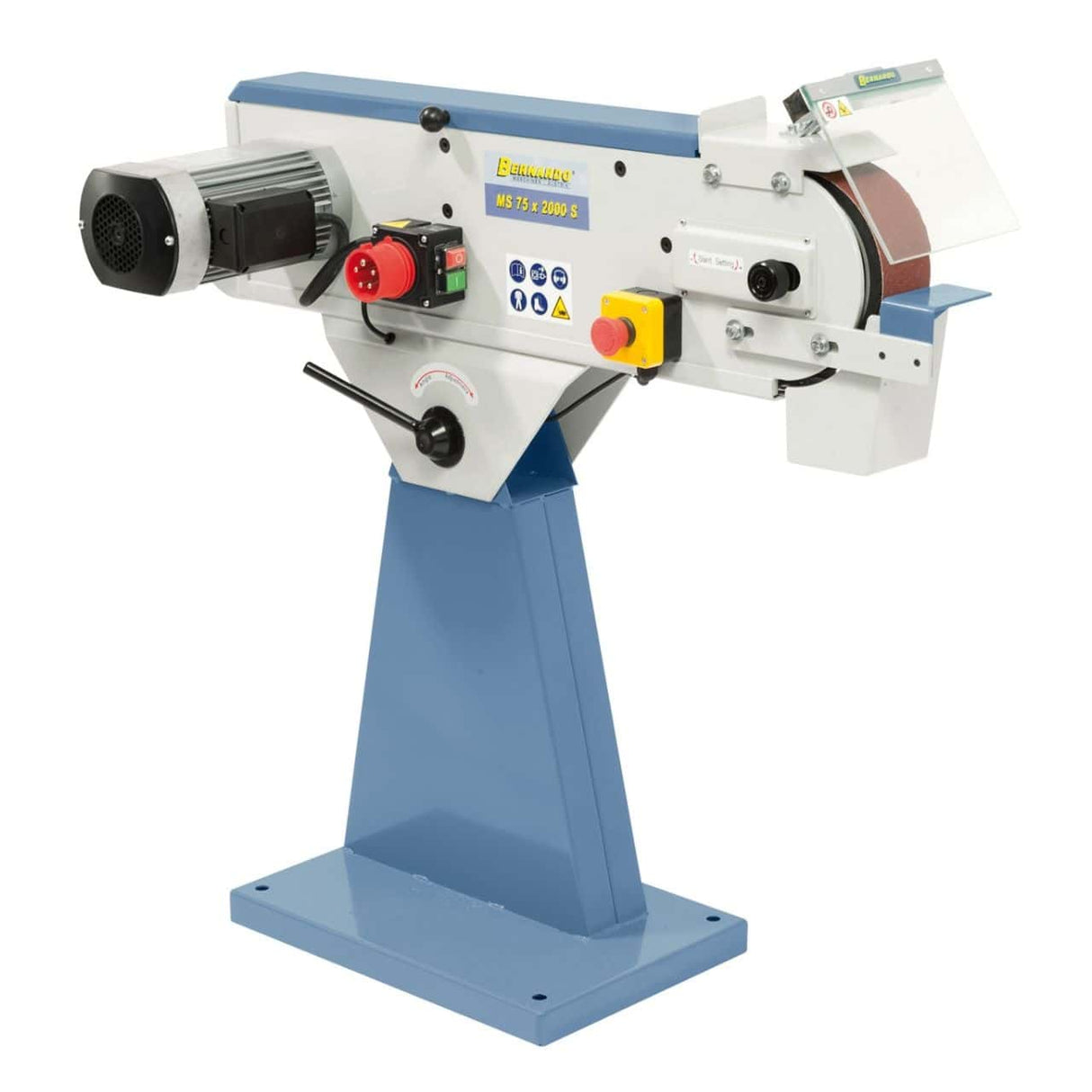 Levigatrice a nastro Bernardo MS 75 x 2000 S con nastro 75 x 2000 mm, piano continuo per pezzi lunghi e motore potente da 3,0 kW.