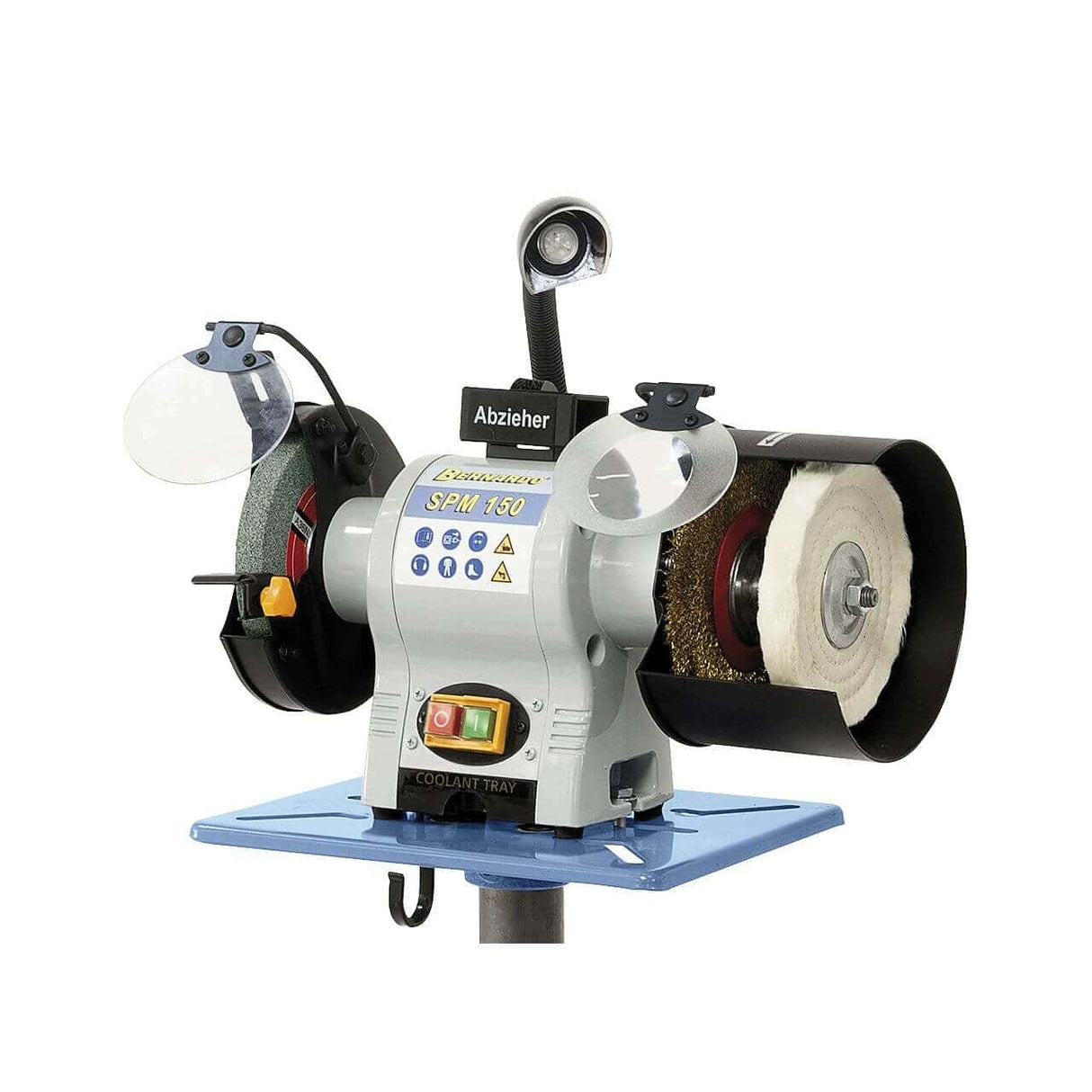Smerigliatrice lucidatrice Bernardo SPM 150 con mola abrasiva, disco pulitore e spazzola metallica, compatta e versatile.