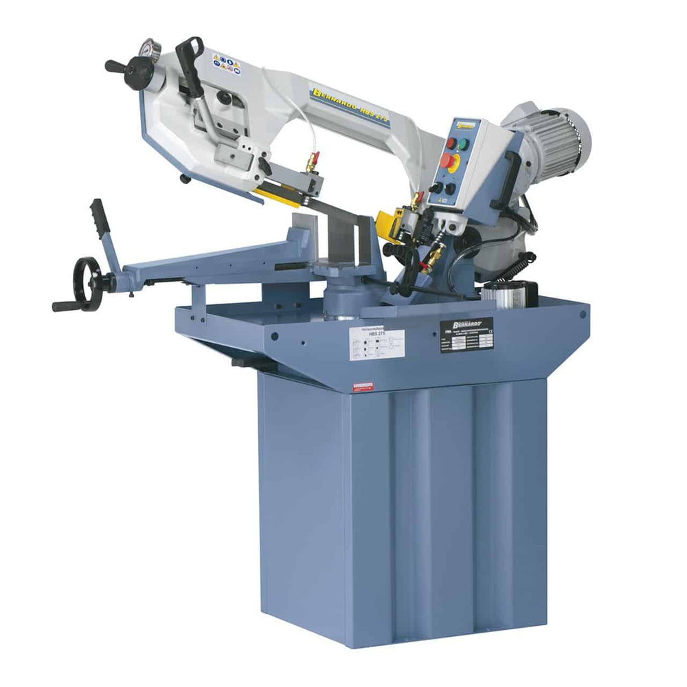 Sega a nastro orizzontale Bernardo HBS 275 con struttura in ghisa, morsa rapida e dispositivo refrigerante, ideale per taglio metalli e profili.