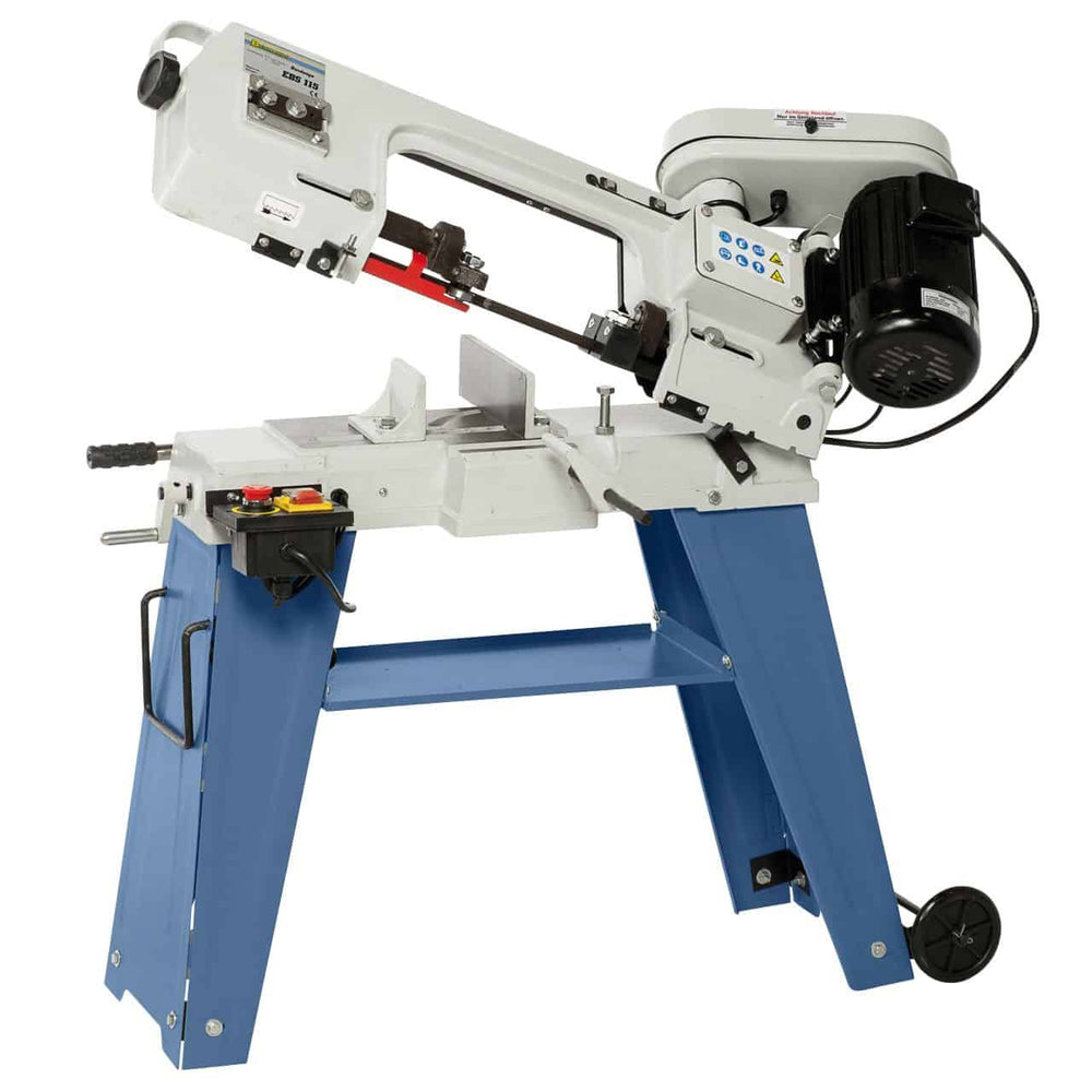 Sega a nastro Bernardo EBS 115 / 400 V con struttura compatta, tre velocità, morsa regolabile e base mobile con maniglia di trasporto.