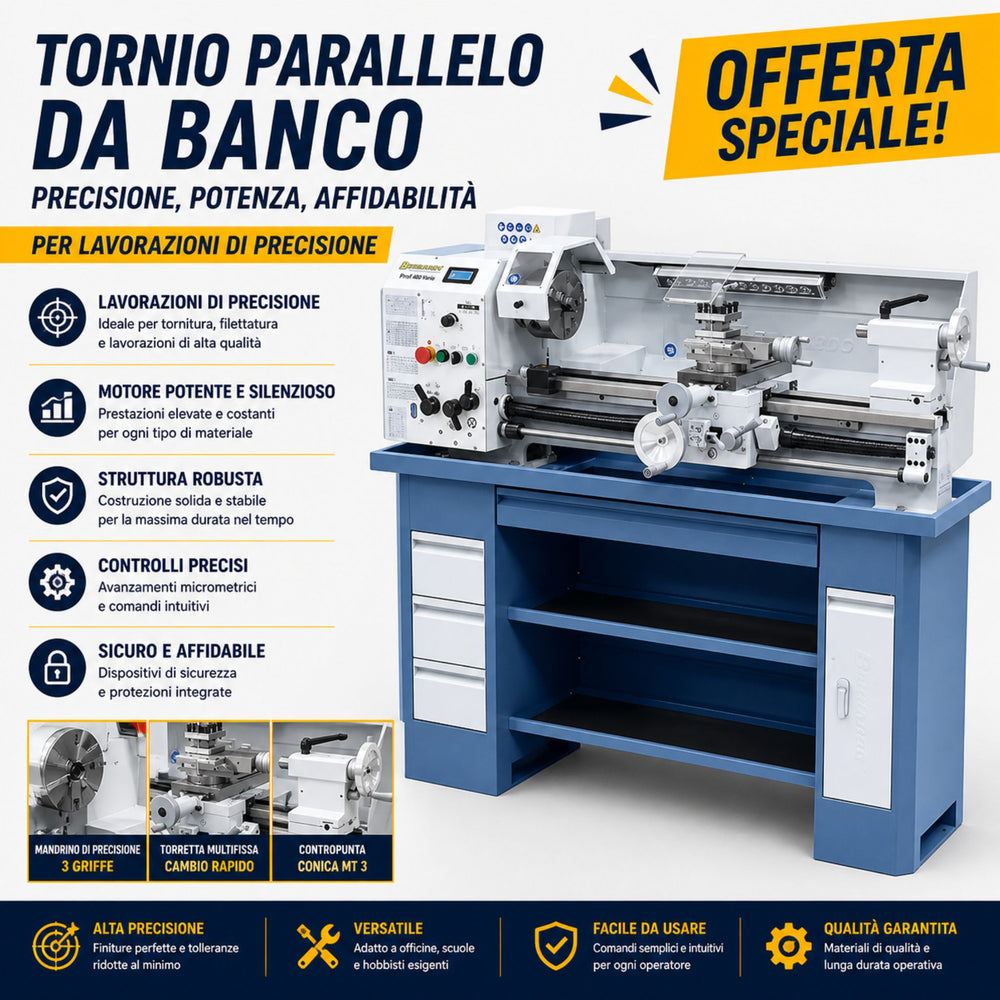 Tornio per metallo Bernardo Profi 900 Vario alimentazione 230V, ideale per lavorazioni di tornitura precise con regolazione variabile della velocità e struttura robusta.
