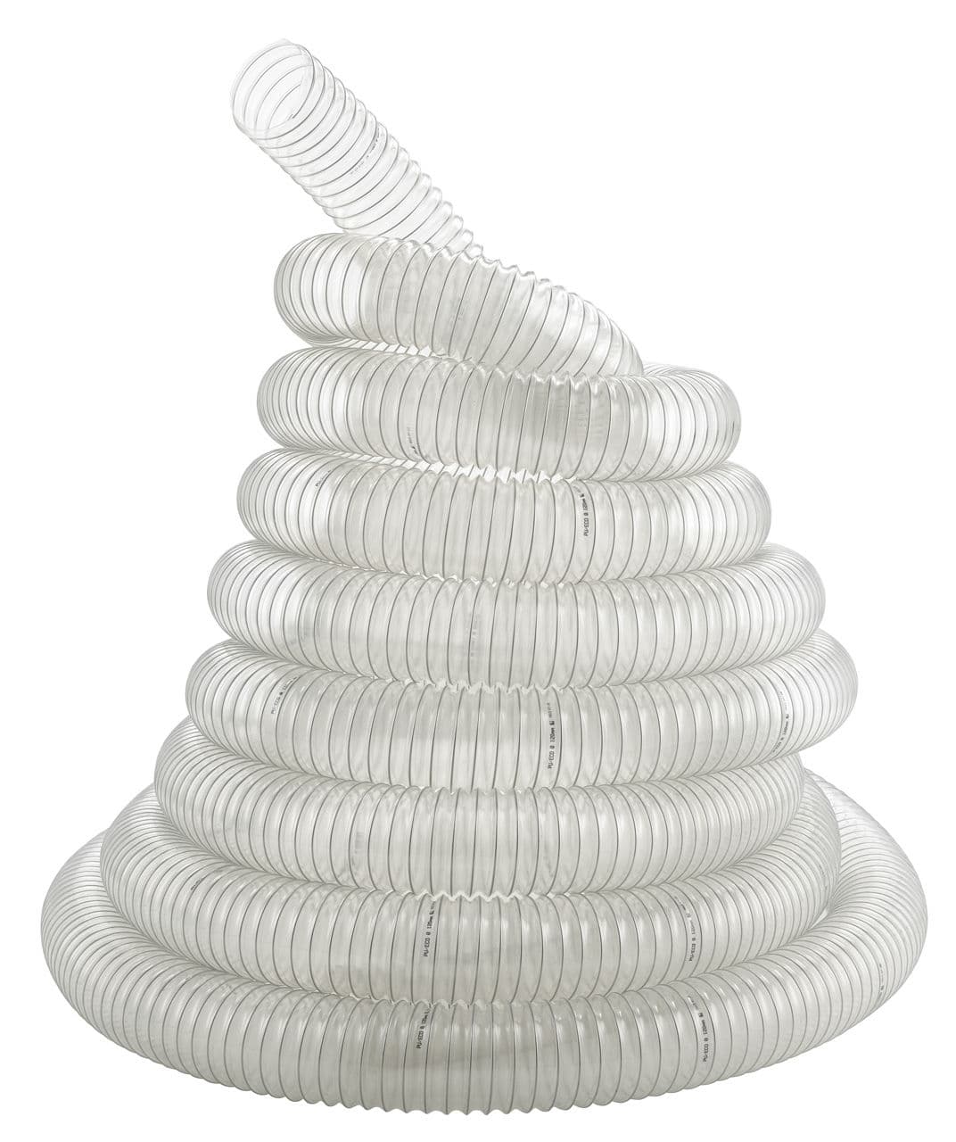 Tubo di aspirazione a spirale Bernardo Ø80 mm, lunghezza 6 m, trasparente e flessibile con spirale in acciaio zincato, ideale per impianti di aspirazione industriali.