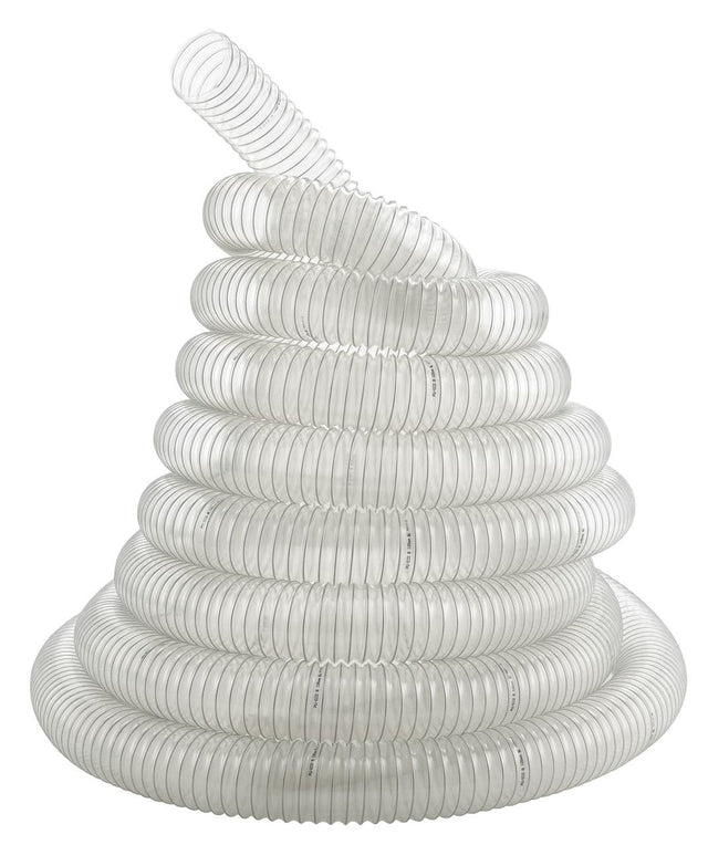 Tubo di aspirazione a spirale Bernardo Ø80 mm, lunghezza 6 m, trasparente e flessibile con spirale in acciaio zincato, ideale per impianti di aspirazione industriali.
