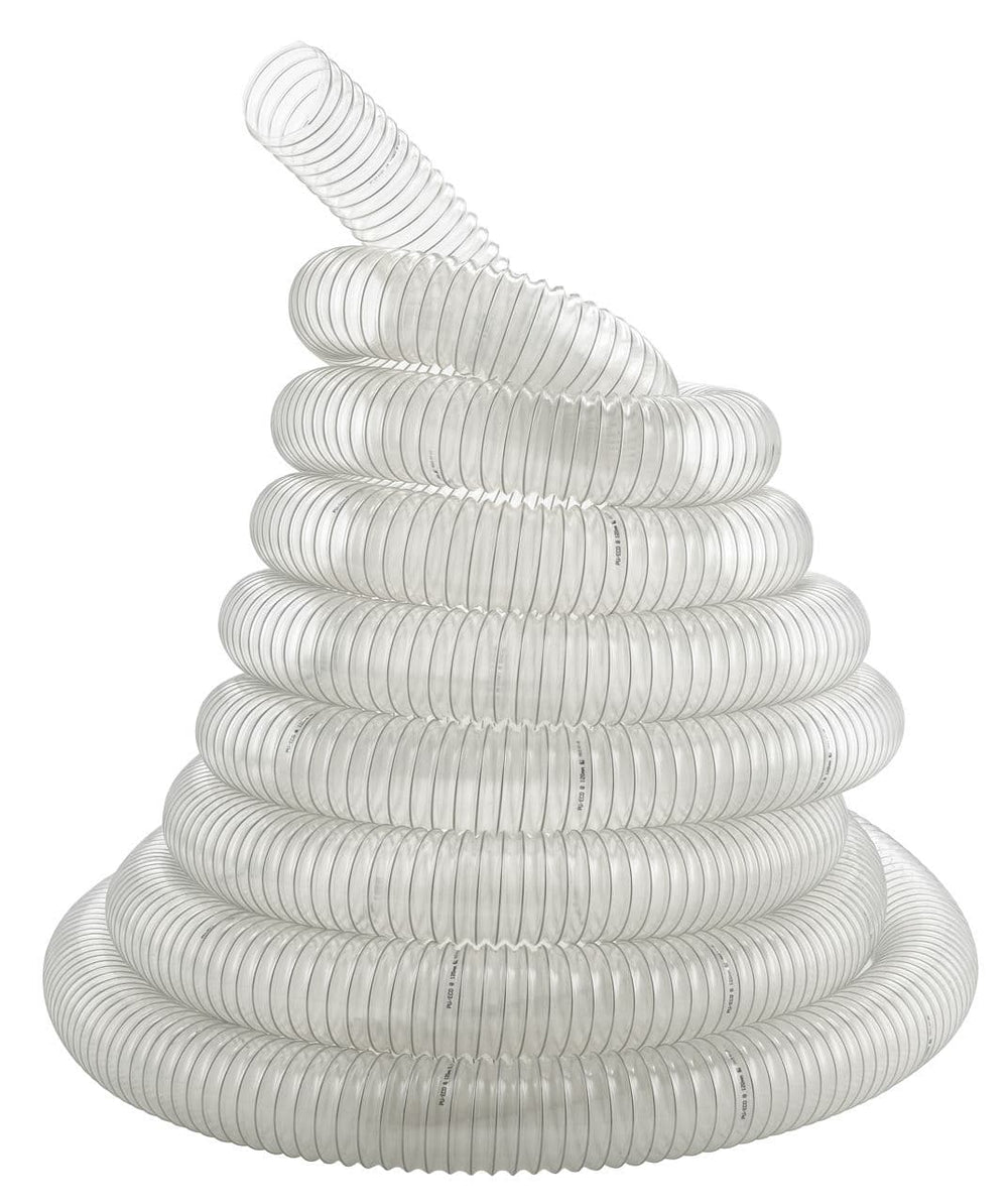 Tubo di aspirazione Bernardo Ø120 mm, lunghezza 6 m, in poliuretano trasparente con spirale in acciaio zincato, flessibile e resistente per sistemi di aspirazione industriale.