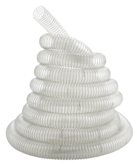 Tubo di aspirazione Bernardo Ø120 mm, lunghezza 6 m, in poliuretano trasparente con spirale in acciaio zincato, flessibile e resistente per sistemi di aspirazione industriale.