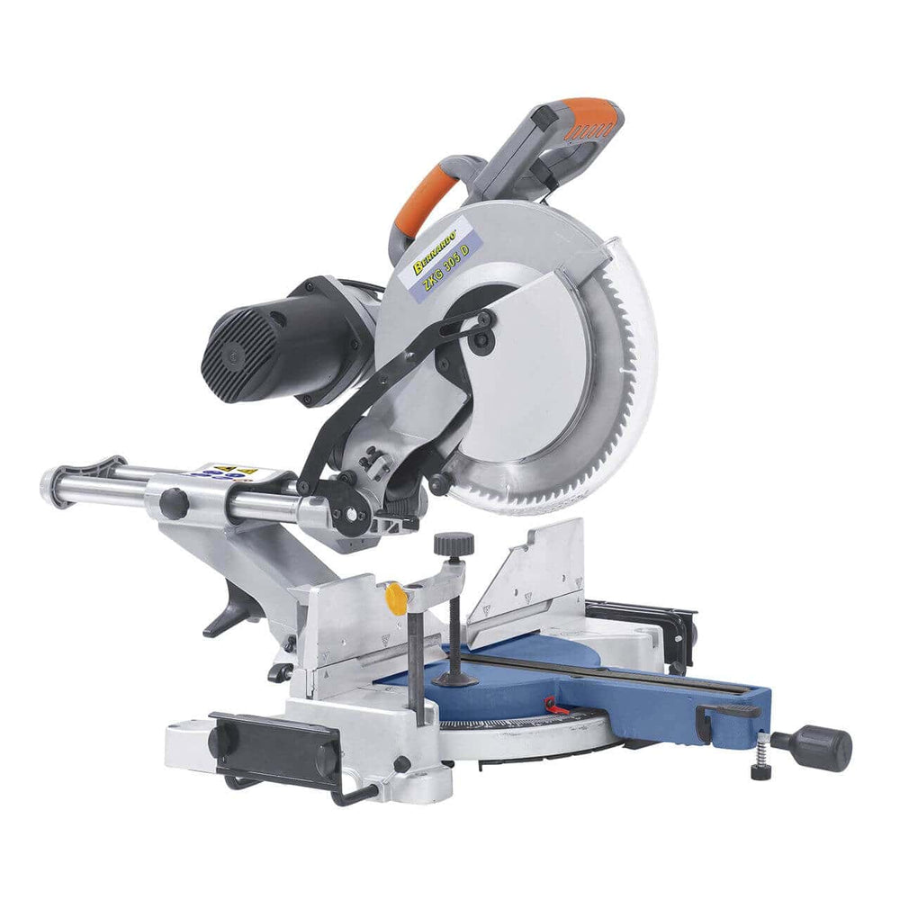Troncatrice Bernardo ZKG 305 D con lama Ø 305 mm, testa inclinabile a sinistra e destra e capacità di taglio fino a 340 mm, ideale per lavori di precisione su legno.