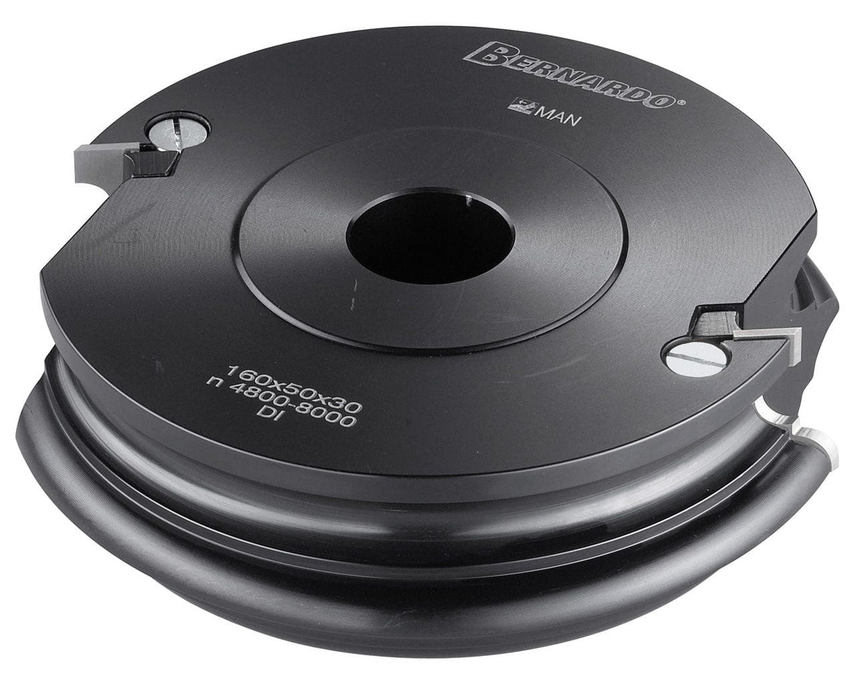 Testa multifunzione Bernardo Ø160 mm in lega di alluminio con altezza 50 mm e foro 30 mm, ideale per creare diversi profili e battute su legno con toupie e fresatrici verticali.