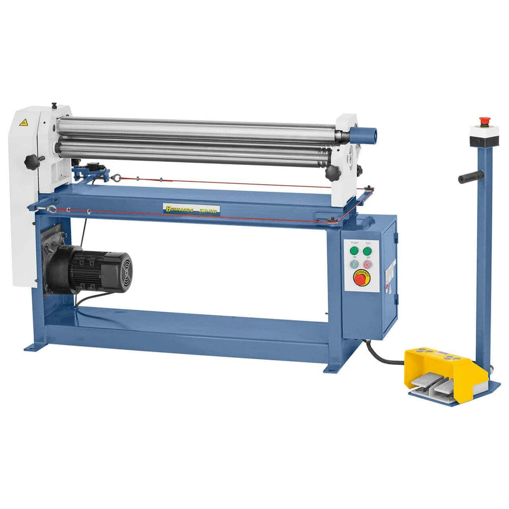 Calandra Bernardo ESR 1020 x 2,0 con rulli Ø 75 mm, pedale con arresto di emergenza e dispositivo di sicurezza a corda.