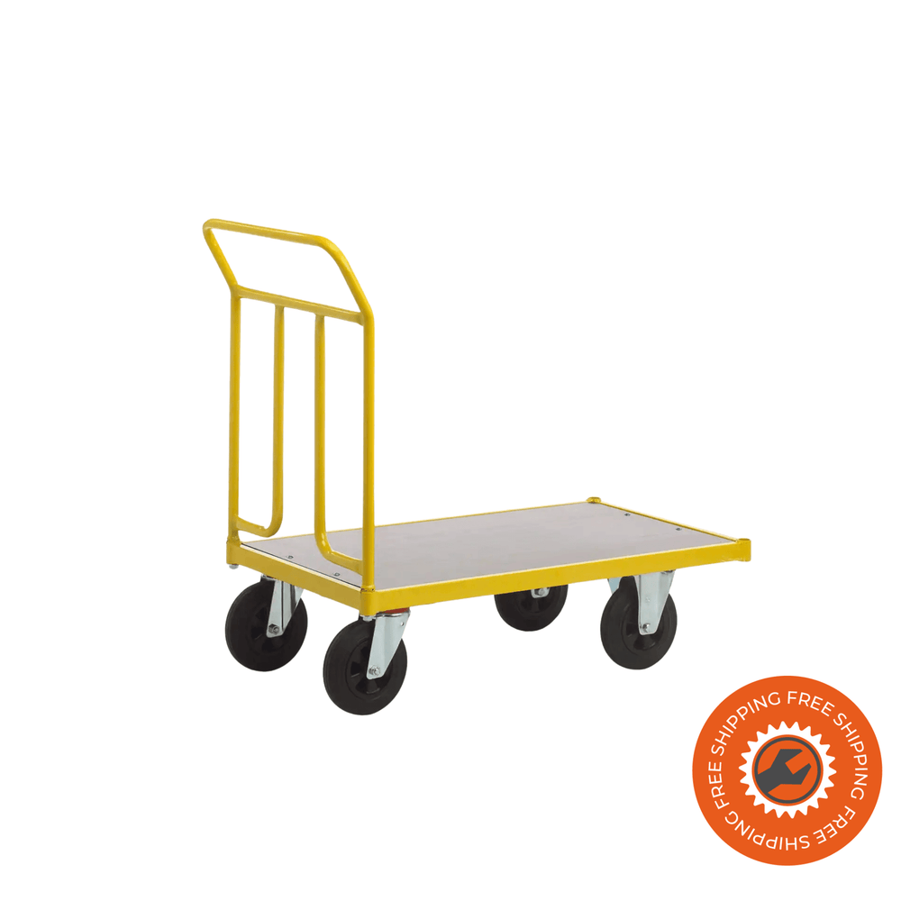 Carrello da magazzino Ravendo TW 1250 M in acciaio giallo, piano di carico da 1250 mm, ruote solide e maniglia ad arco ergonomica, ideale per movimentazione interna fino a 400 kg.
