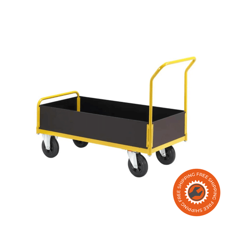 Carrello Ravendo TW 1250 M-LWS in acciaio giallo con sponde in legno e ruote solide Ø200 mm, ideale per trasporto di materiali fino a 400 kg in ambienti industriali e logistici.
