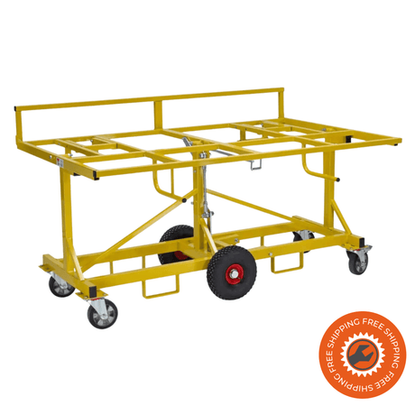 Carrello per lastre Ravendo PBT 500 M con struttura in acciaio verniciato, ruote massicce con cuscinetti a sfera e superficie inclinabile. Perfetto per il trasporto professionale e l'uso come banco da lavoro.
