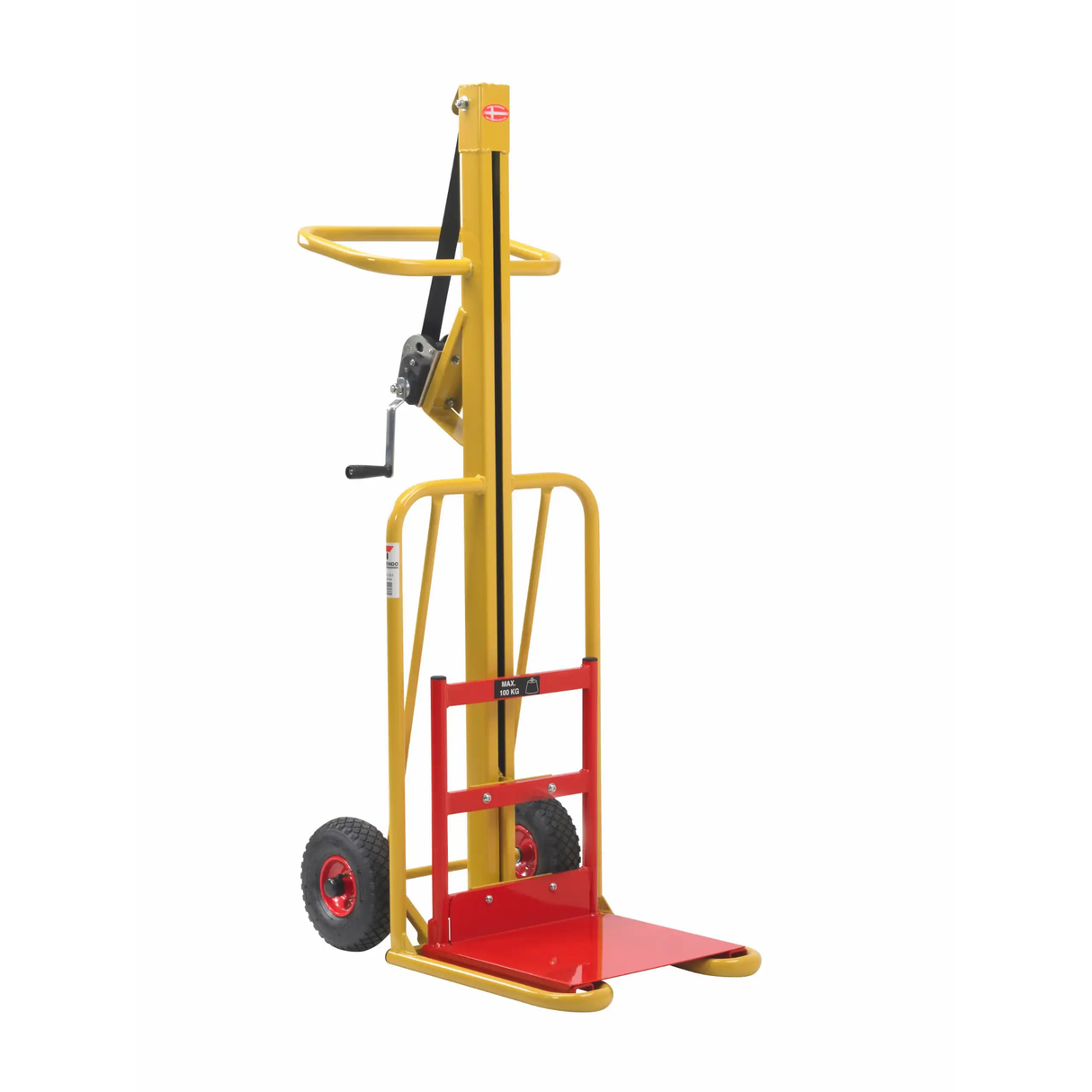 Vista laterale del carrello sollevatore Ravendo LST 100 LH con impugnature ergonomiche, piastra di supporto e ruote pneumatiche con cuscinetti a rulli.