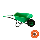 Carriola Ravendo BJ 350 PP PUR verde con vassoio in polipropilene da 65 litri e ruota anti-foratura, ideale per giardinaggio e piccoli lavori.