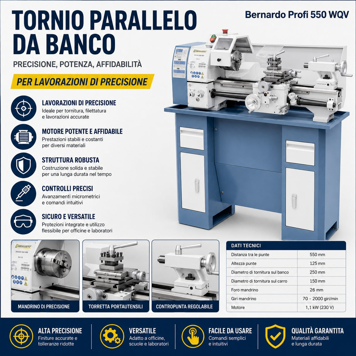 Bernardo Profi 550 WQ metal lathe – 550 mm distance between centers, 250 mm swing over bed, 26 mm spindle bore MT 4 taper, 0.75 kW 230V single-phase motor, 120 kg weight