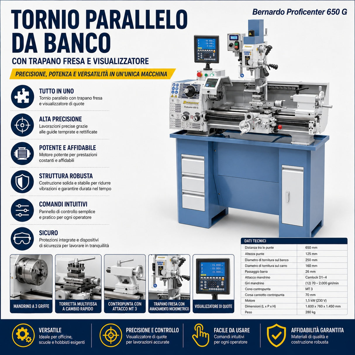 Bernardo Proficenter 650 G Metal Lathe Milling Machine with 2-Axis DRO