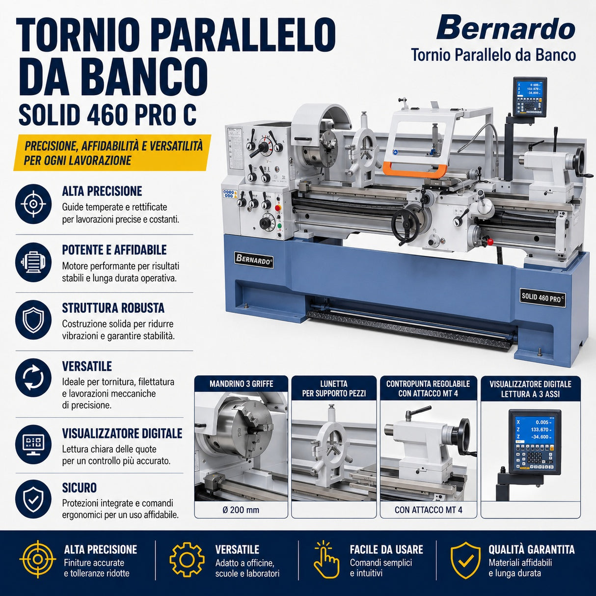 Bernardo Solid 460 x 1500 Pro Metal Lathe with 3-axis Digital Readout
