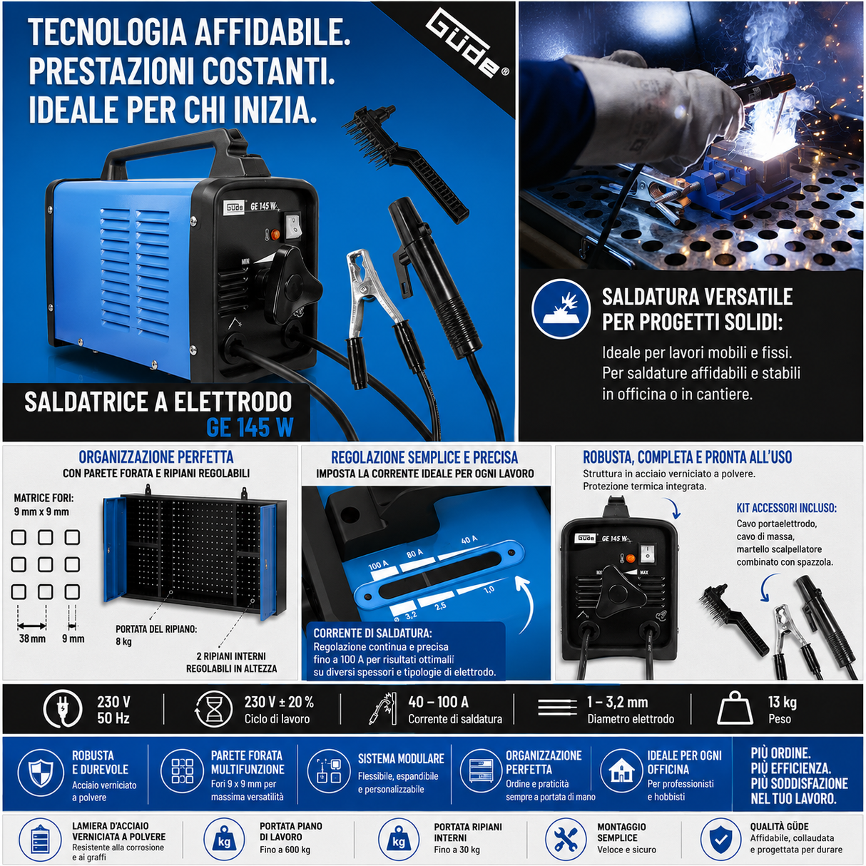 Güde GE 145 W Electrode Welder – portable MMA inverter up to 100 A