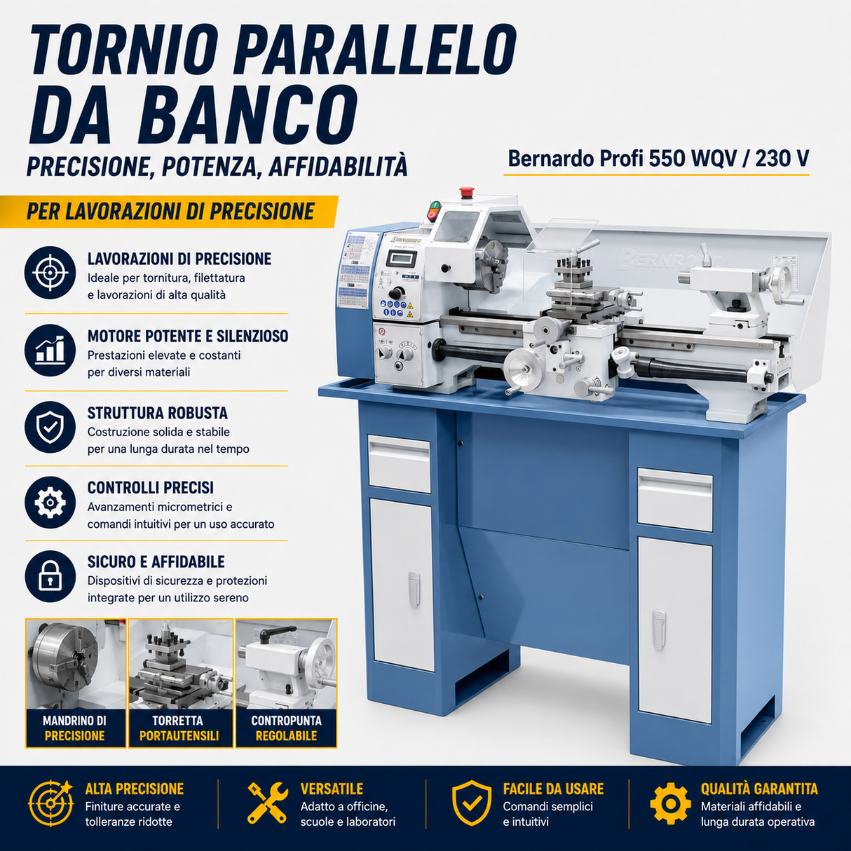 Metal Lathe Bernardo Profi 550 WQV – center distance 550 mm, Ø 250 mm swing over bed, spindle bore Ø 26 mm taper MT 4, motor 0.75 kW 230V single-phase, digital speed display, weight 120 kg