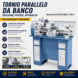 Metal Lathe Bernardo Profi 550 WQV – center distance 550 mm, Ø 250 mm swing over bed, spindle bore Ø 26 mm taper MT 4, motor 0.75 kW 230V single-phase, digital speed display, weight 120 kg