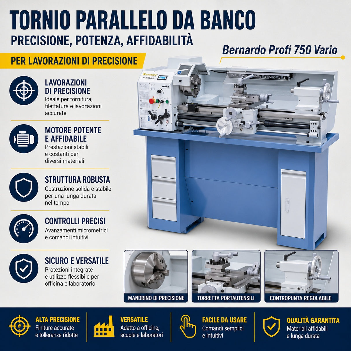 Lathe Bernardo Profi 750 Vario / 230 V – Compact with variable speed