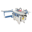 Vista frontale della CF 410 F con fresatrice inclinabile, pialla da 410 mm, cavatrice e tavolo scorrevole da 2600 mm. Il massimo per le falegnamerie professionali.