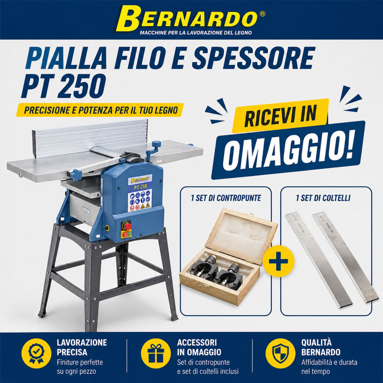 Macchina combinata pialla filo e spessore Bernardo PT 250 fornita in combo con lame di ricambio e calibro di registrazione per lavorazioni precise del legno.