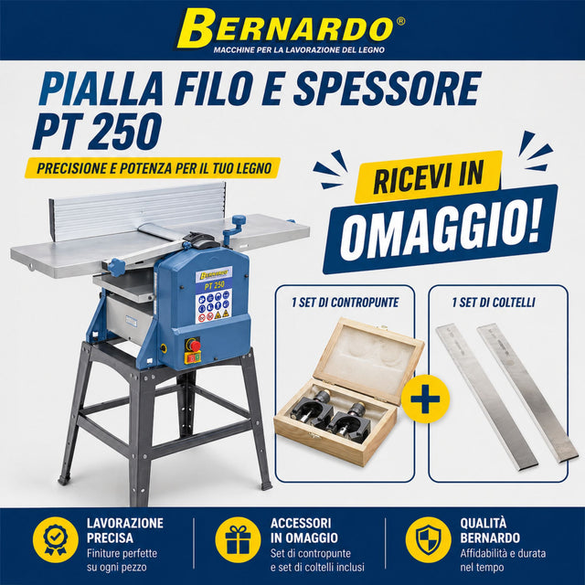 Macchina combinata pialla filo e spessore Bernardo PT 250 fornita in combo con lame di ricambio e calibro di registrazione per lavorazioni precise del legno.