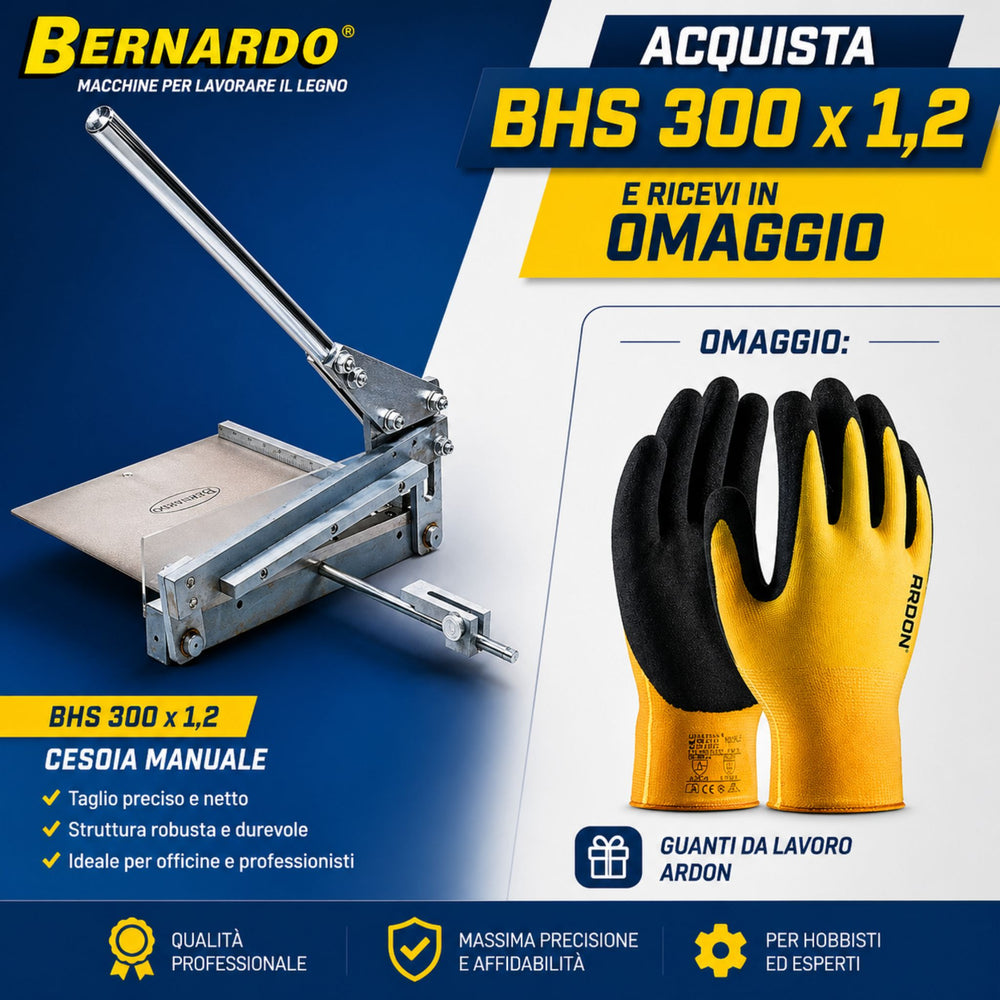 Cesoia manuale Bernardo BHS 300 x 1,2 in combo con guanti inclusi, ideale per il taglio preciso di lamiera sottile e lavorazioni di officina.