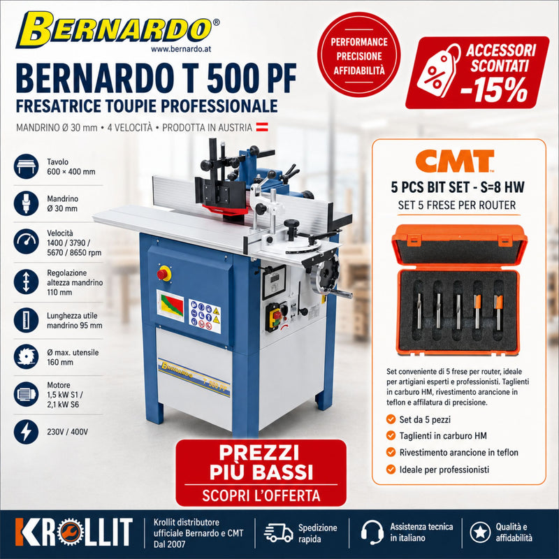 Bernardo T 500 PF Spindle Moulder Combo + CMT 5-Piece Cutter Set