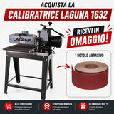Macchina calibratrice Laguna Tools 1632 SuperMax in combo con rotolo abrasivo da 25 metri grana K80, ideale per levigatura e calibratura del legno.