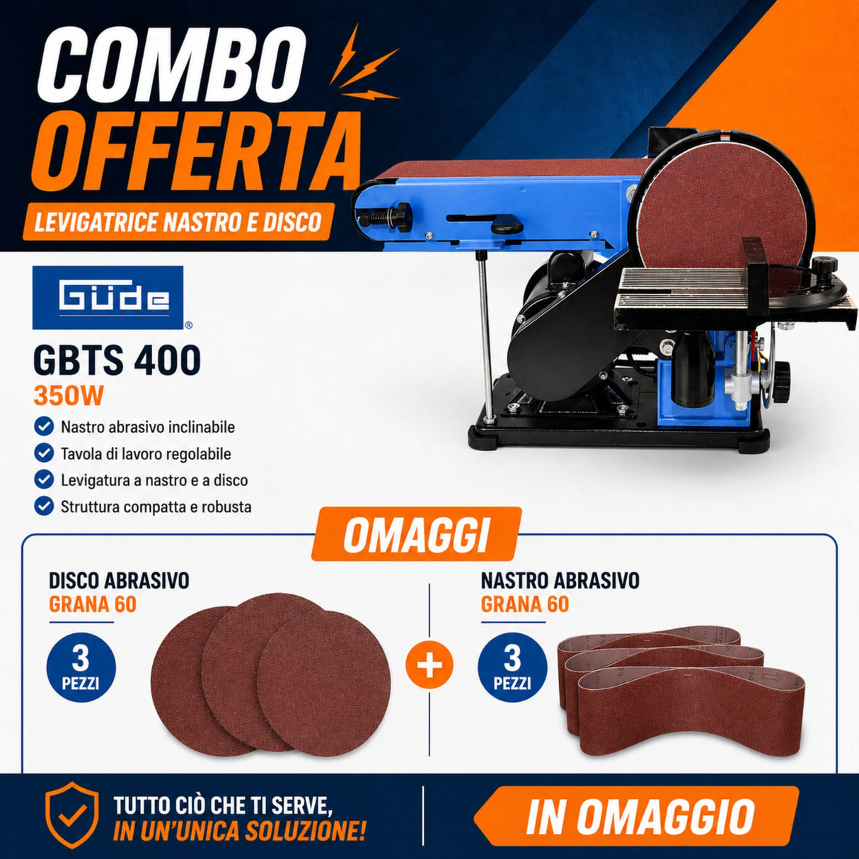 Levigatrice combinata a nastro e disco Güde GBTS 400 da 350W in versione combo, ideale per levigatura, rifinitura e sagomatura di legno e altri materiali.