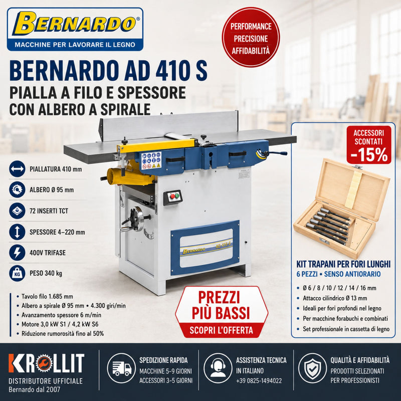 Bernardo AD 410 S Planer-Thicknesser Combo + 6-Piece Long-Hole Drill Bit Set