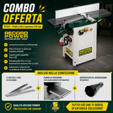 Pialla filo e spessore Record Power PT310 larghezza 310 mm in versione combo con accessori inclusi, ideale per lavorazioni precise e finiture professionali del legno.