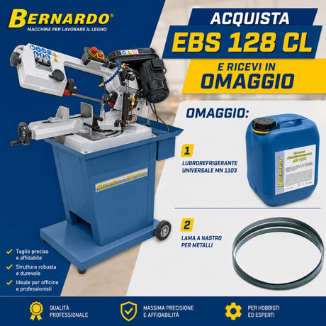 Sega a nastro per metallo Bernardo EBS 128 CL alimentazione 230V, fornita in combo con lama HSS da 1638 mm per tagli precisi su acciaio e metalli.